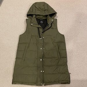 Zara Women’s Khaki Green Hooded Long Puffer Vest